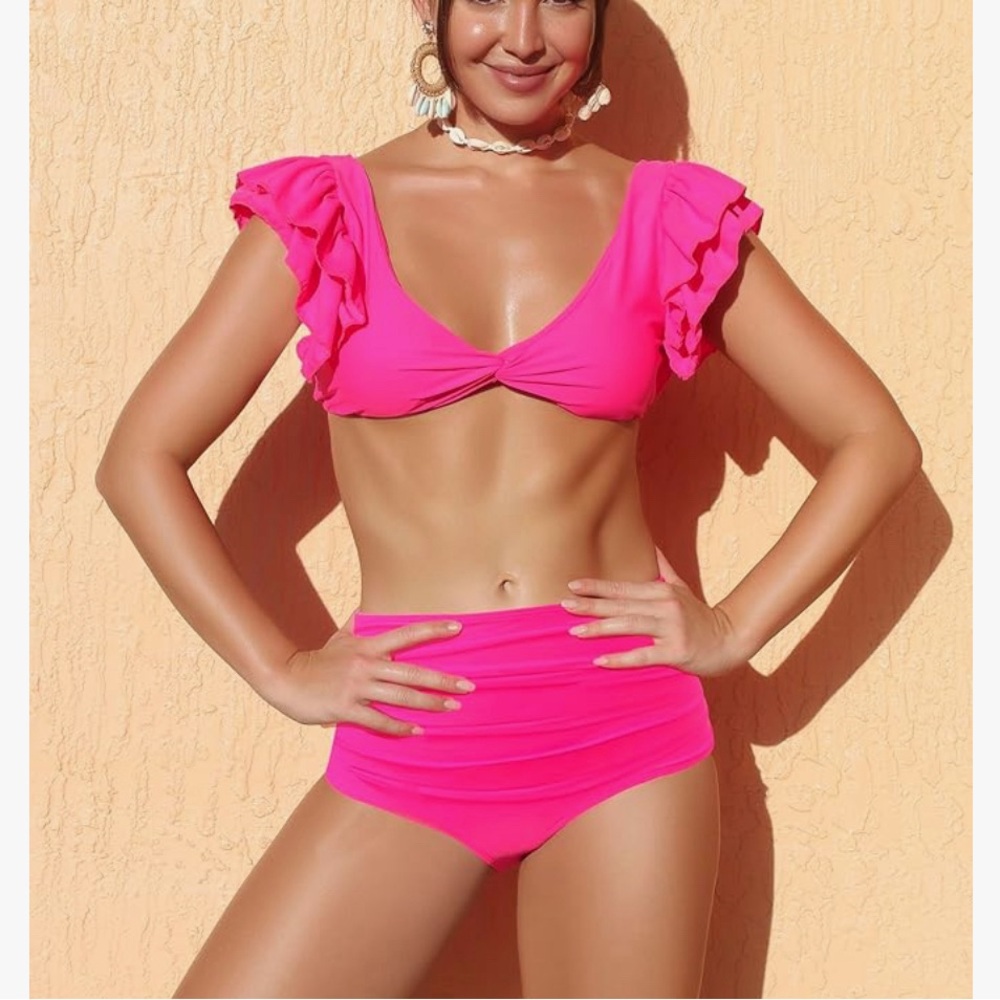 Sporlike Women’s Pink Ruffle Shoulder Tie Back Two Piece Bikini Swimsuit - XL - Picture 3 of 15